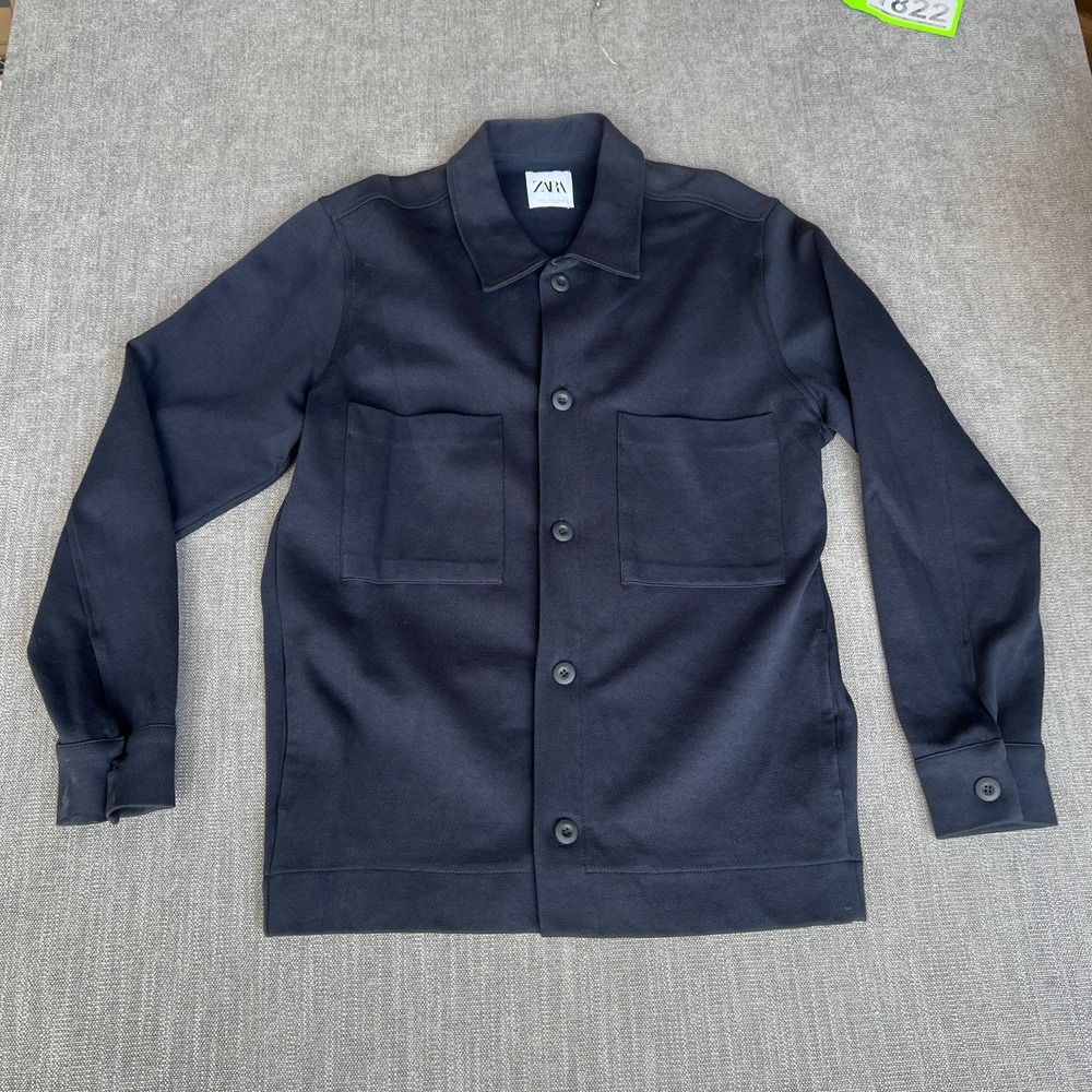 Zara Overshirt Mens XL Navy Textured Long Sleeve Collared Chest Pocket Button Up